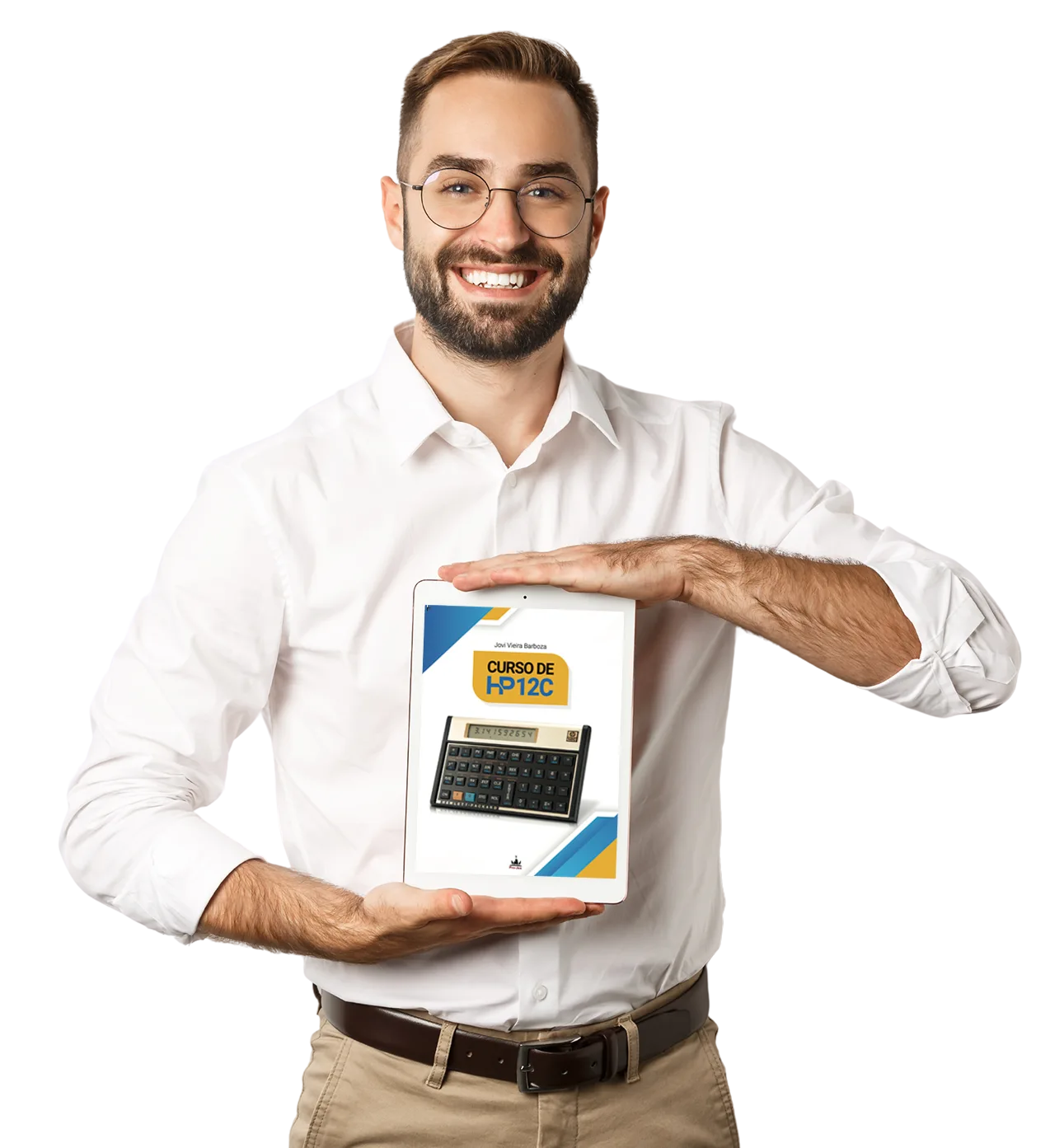 Homem segurando livro da curso de hp12c